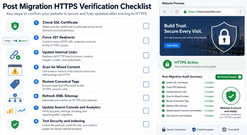 Visual checklist graphic: post-migration HTTPS verification steps