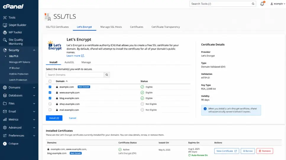 cPanel SSL or TLS section